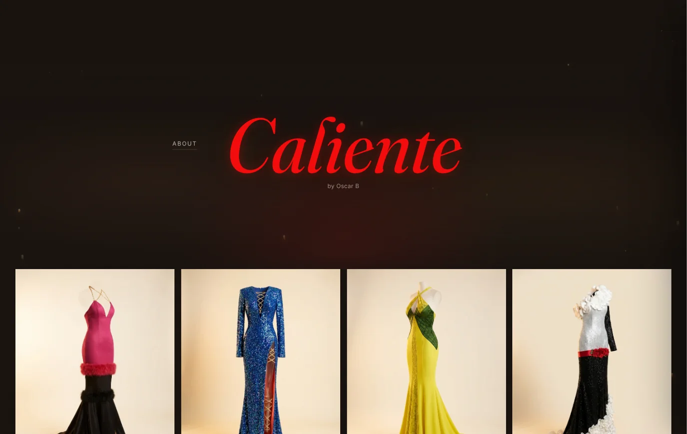 Caliente by Oscar B home page with four gowns